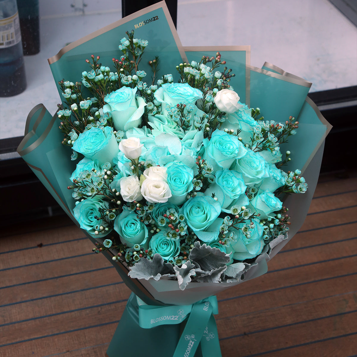 19枝 蒂芬妮玫瑰繡球蠟梅花束 ｜19 Tiffany Blue Rose Hydrangea Wax Flower bouquet (Tiffany Blue Combo)