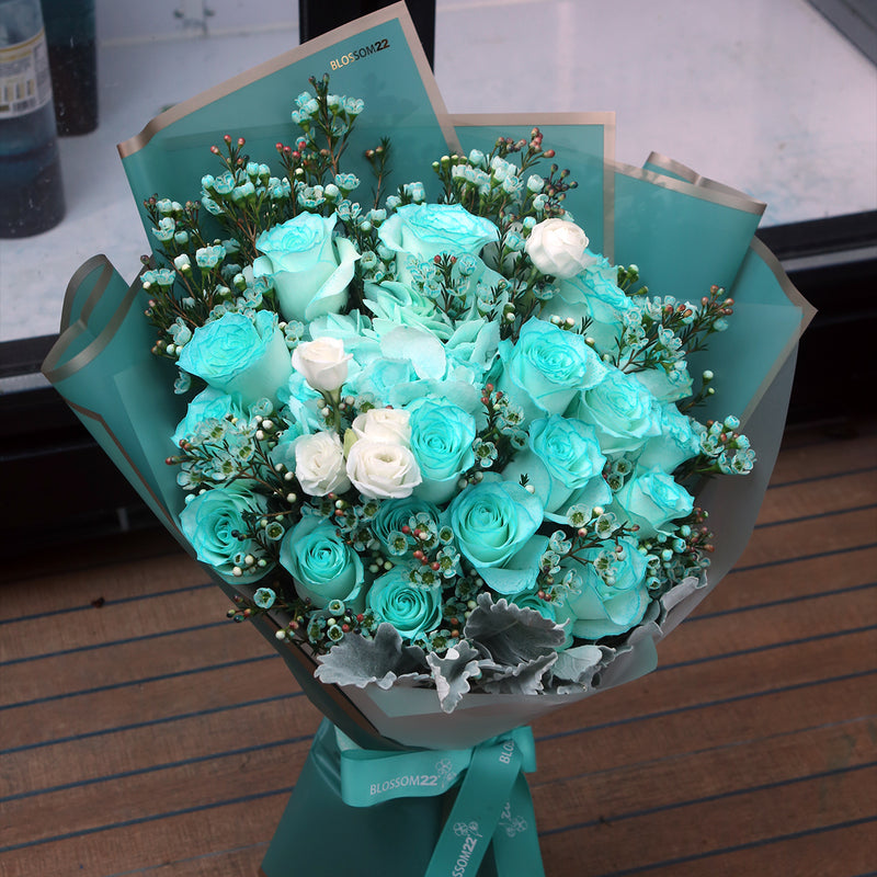 19枝 蒂芬妮玫瑰繡球蠟梅花束 ｜19 Tiffany Blue Rose Hydrangea Wax Flower bouquet (Tiffany Blue Combo)