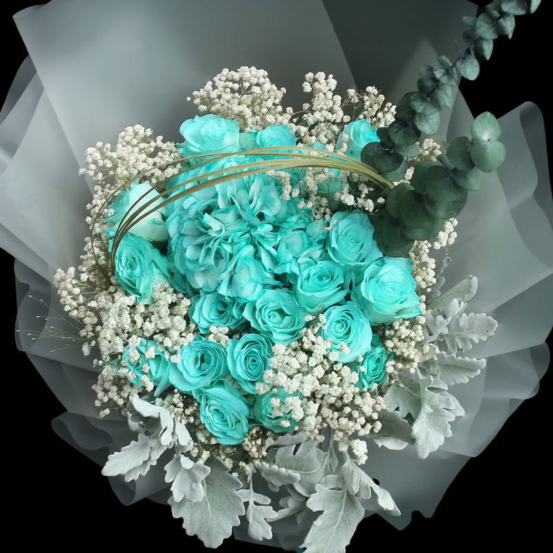 19枝 蒂芬妮玫瑰繡球花束 ｜19 Tiffany Blue Roses Hydrangea Bouquet