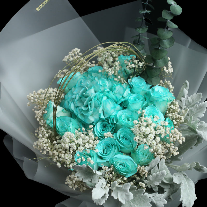 19枝 蒂芬妮玫瑰繡球花束 ｜19 Tiffany Blue Roses Hydrangea Bouquet