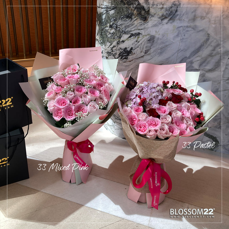 33枝 混色粉玫瑰及繡球花束｜33 Mixed Pink Roses & Hydrangea Bouquet (Pastel)