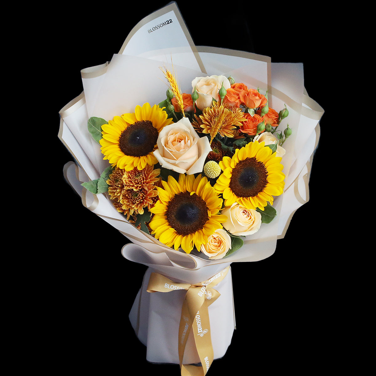 3 太陽花及雙色玫瑰花瓶禮盒｜3 Sunflower ＆ Champagne chrysanthemum Roses Vase Boxset