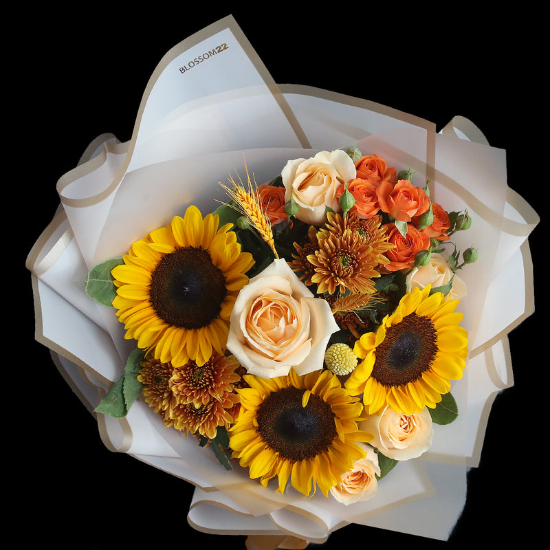 3 太陽花及雙色玫瑰花束｜3 Sunflower, Champagne Rose & Chrysanthemum Roses Bouquet