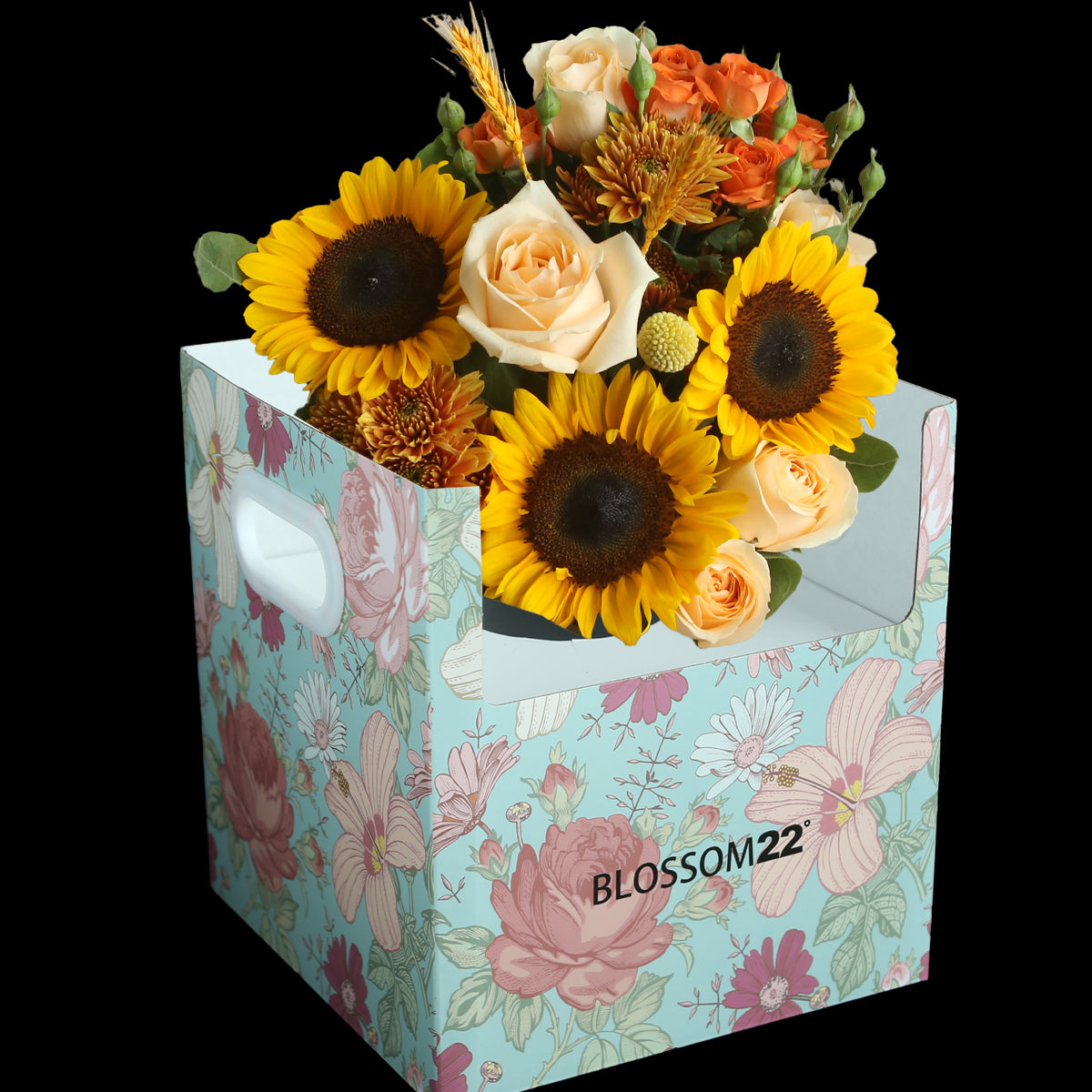 3 太陽花及雙色玫瑰花瓶禮盒｜3 Sunflower ＆ Champagne chrysanthemum Roses Vase Boxset