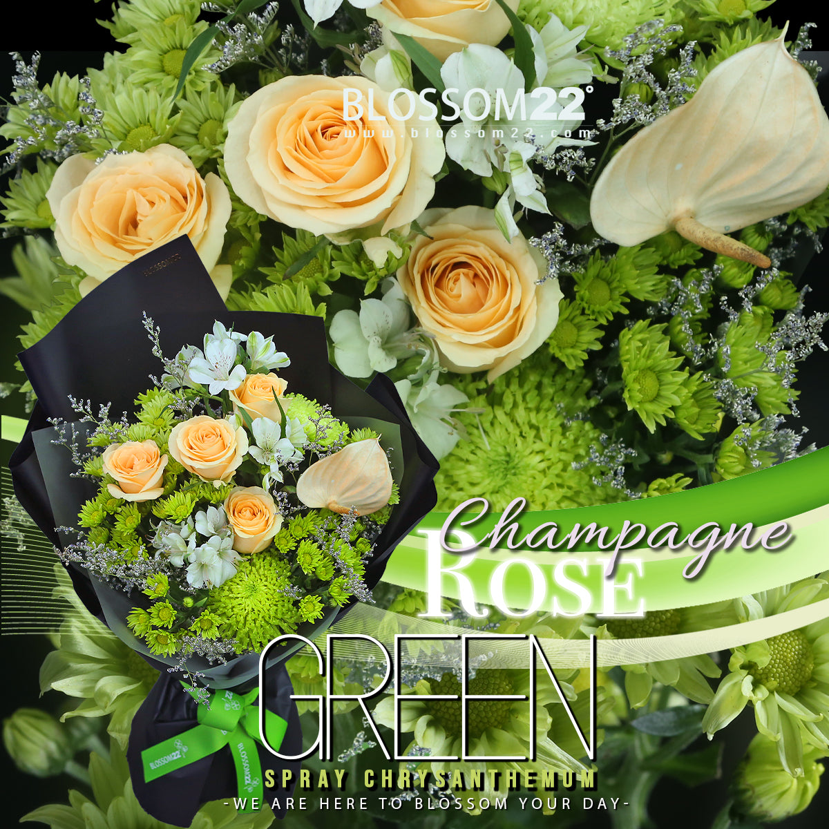 香檳玫瑰綠雛菊小百合花束｜Champagne Green Spary Chrysanthemum with Lily Bouquet