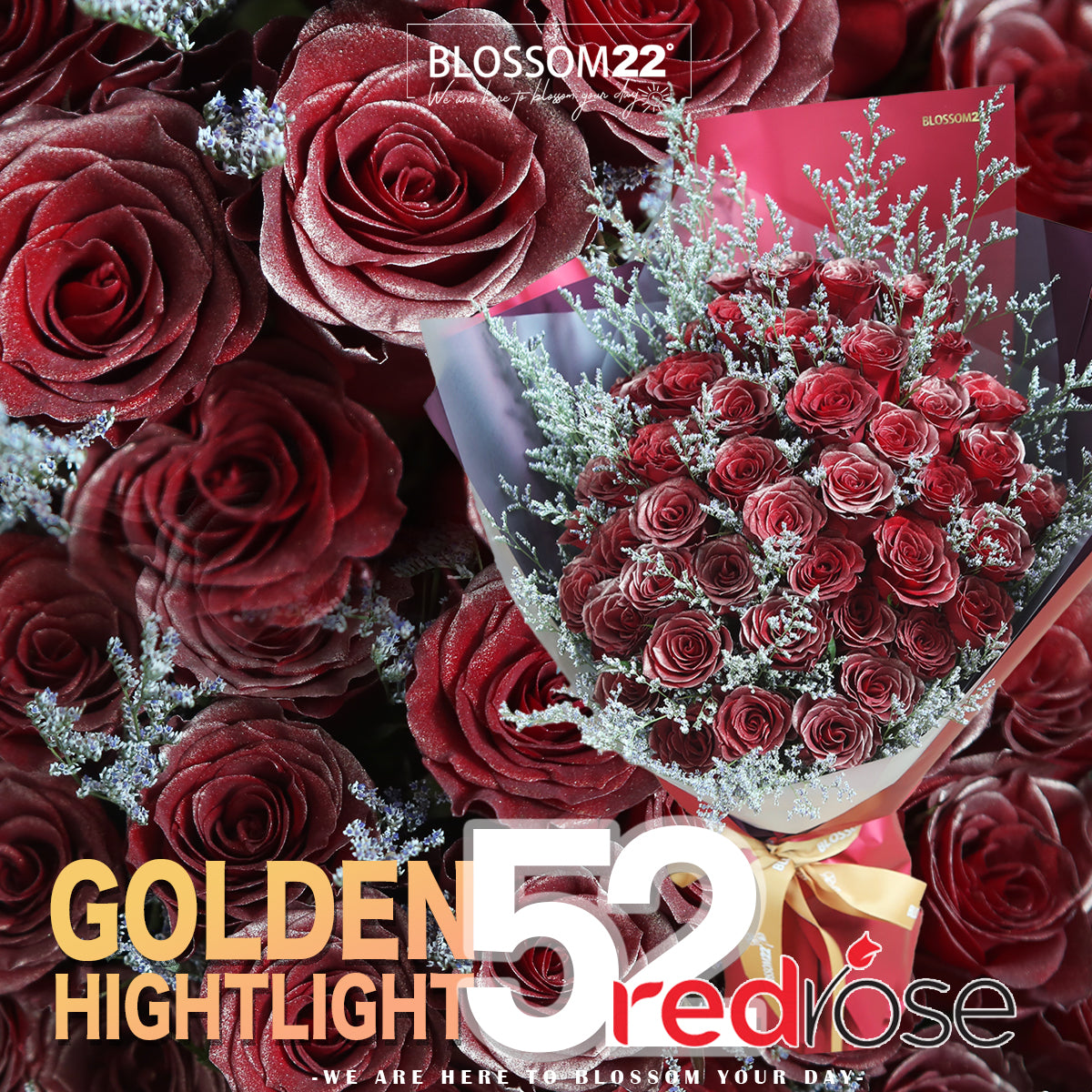 52枝 金粉紅玫瑰求婚花束｜52 Red Golden Highlight Roses (52 Red Gold)