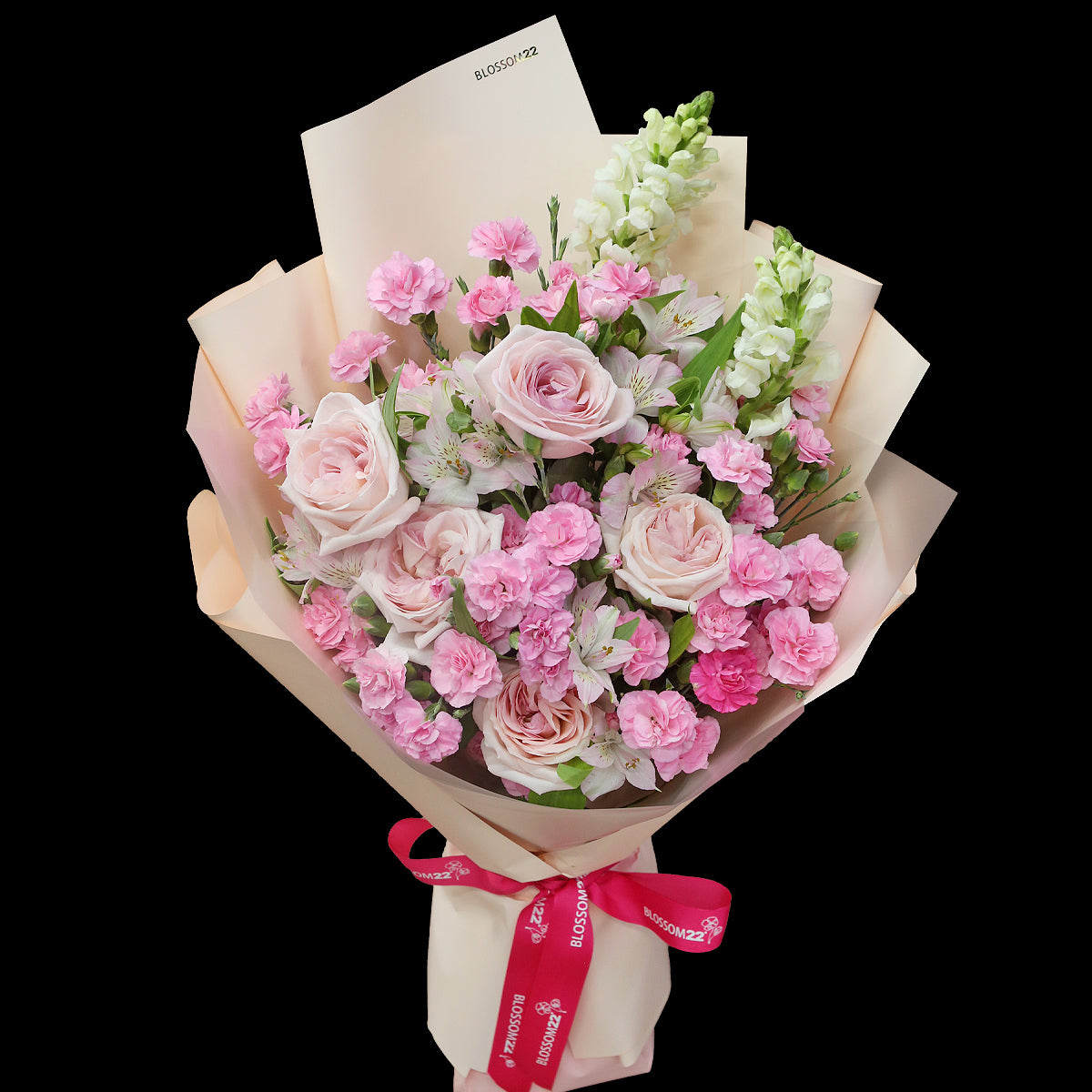 淺粉庭園玫瑰多丁金魚草花束｜Pink O'Hara Spray Carnation Snapdragons bouquet