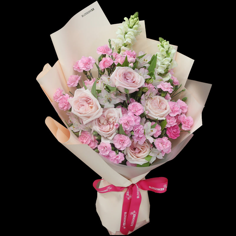 淺粉庭園玫瑰多丁金魚草花束｜Pink O'Hara Spray Carnation Snapdragons bouquet