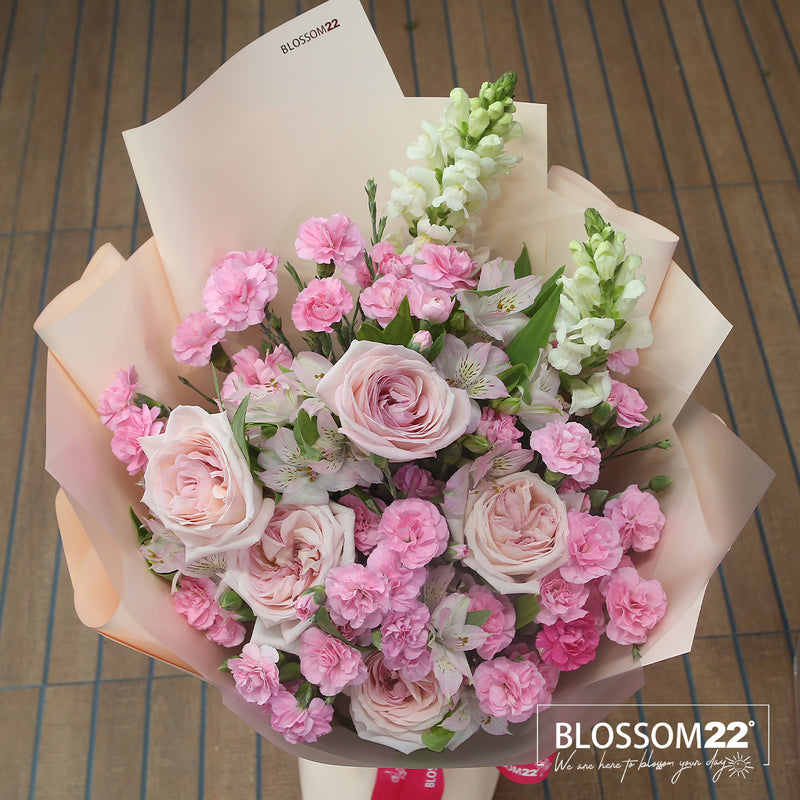 淺粉庭園玫瑰多丁金魚草花束｜Pink O'Hara Spray Carnation Snapdragons bouquet