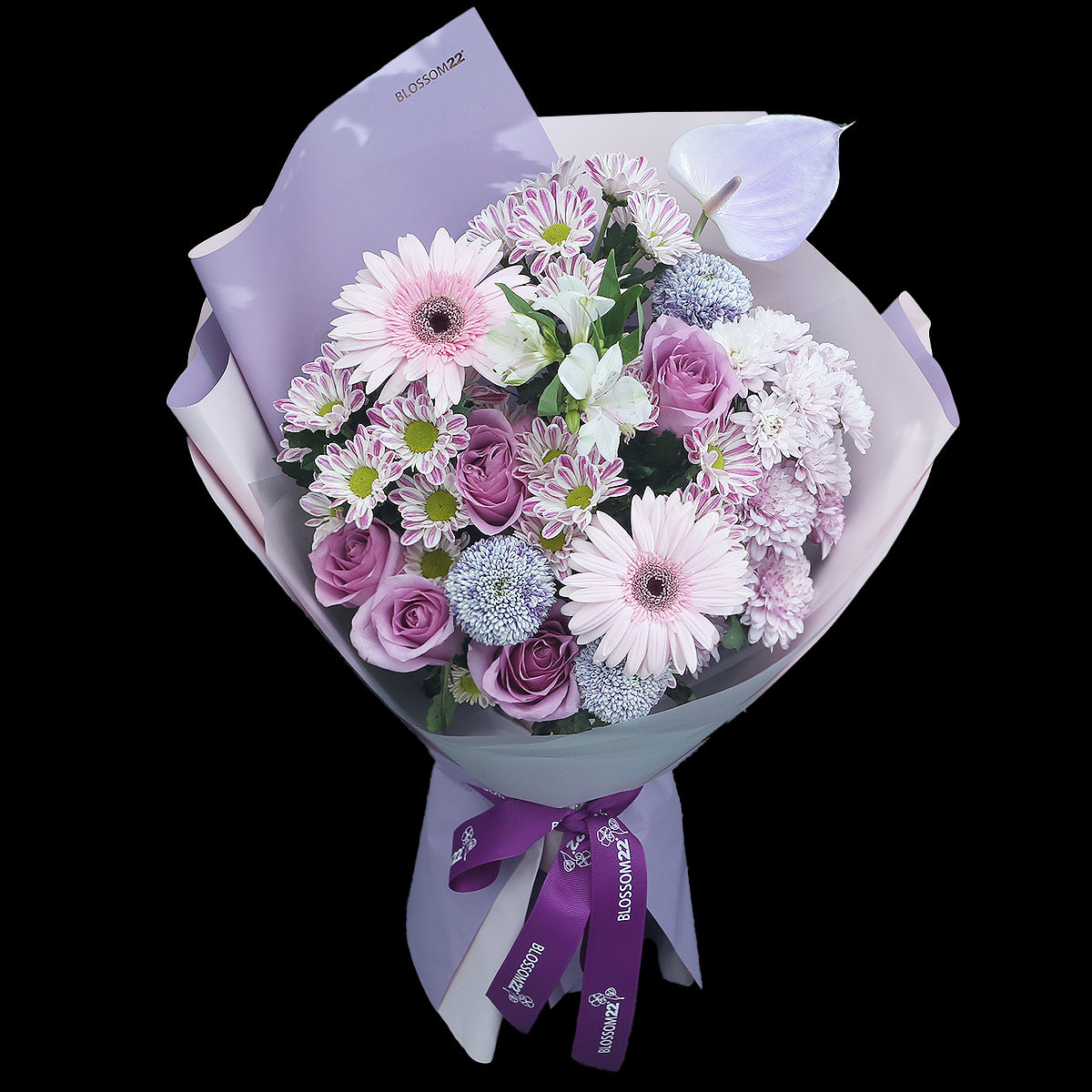 紫玫瑰非洲菊掌花束｜Purple Rose Barberton Daisy & Peace Lily Bouquet