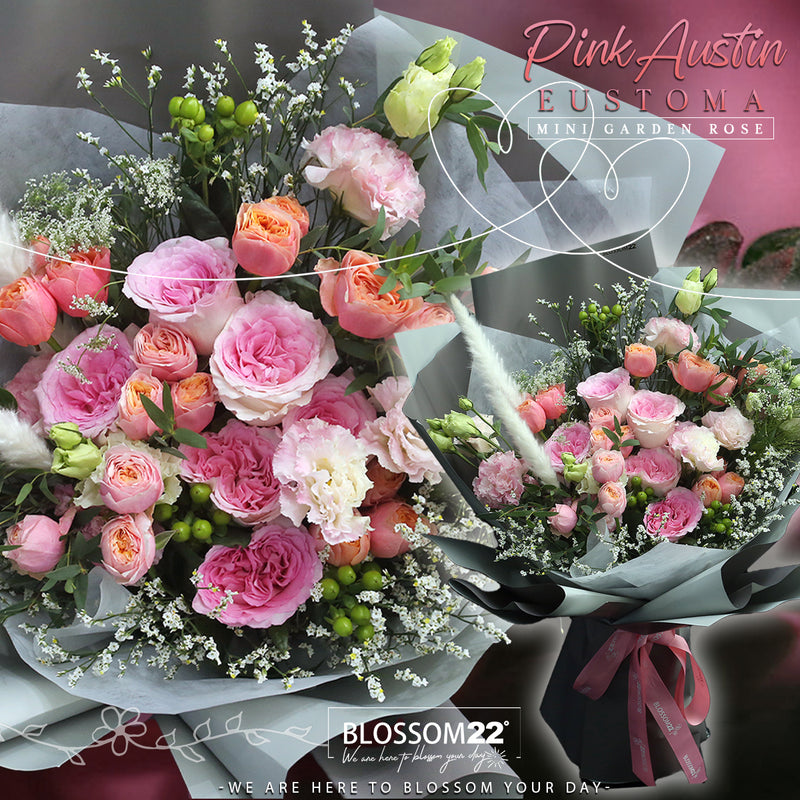 粉芯奧斯汀玫瑰洋桔梗粉蝶小玫花束｜Pink Austin Eustoma Min Rose Bouquet