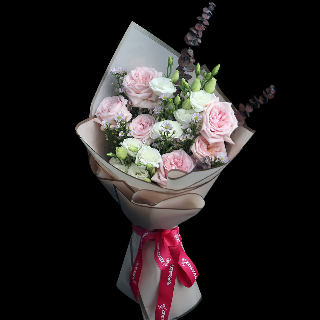 6枝 粉色庭園玫瑰及桔梗花束｜6 Pink  O'Hara Garden Rose ＆ Eustoma