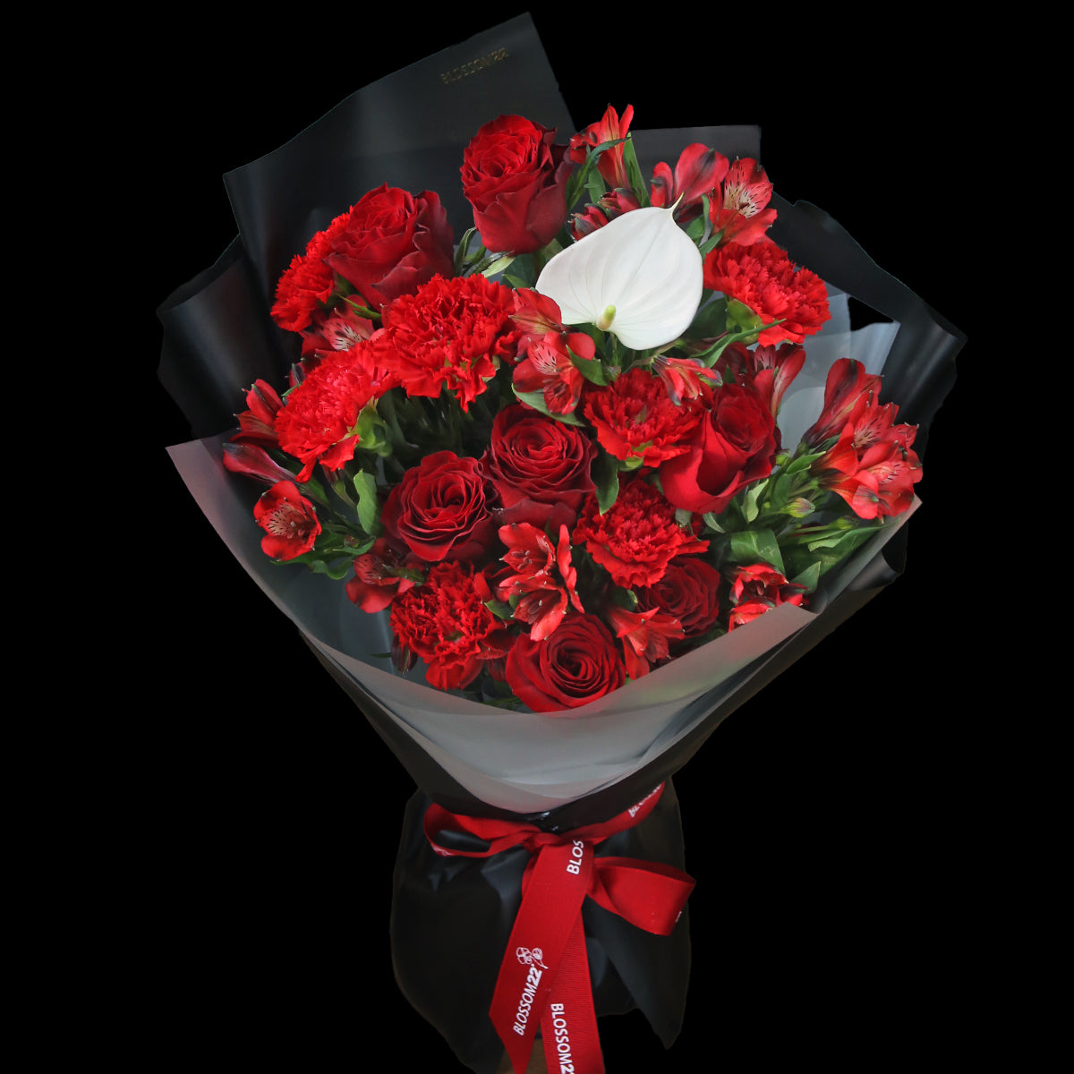紅玫瑰大丁秘魯百合白掌花束｜Red Roses Carnation Peruvian and Peace Lily Bouquet