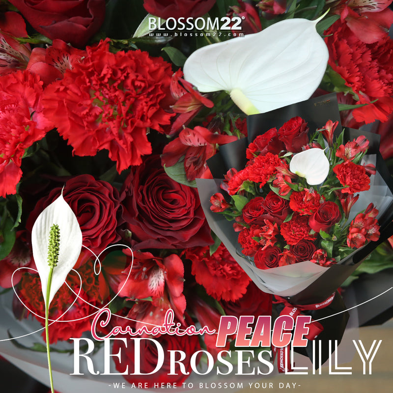 紅玫瑰大丁秘魯百合白掌花束｜Red Roses Carnation Peruvian and Peace Lily Bouquet