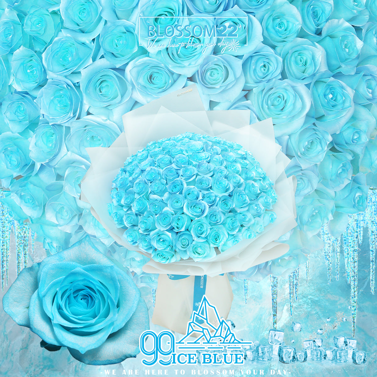 99 冰藍玫瑰鮮花束｜99 Ice Blue Dyeing Roses Bouquet (情人節花束）