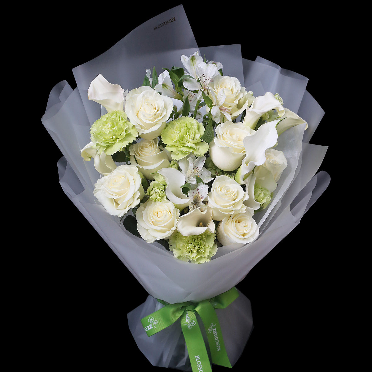 Mondial白玫瑰馬蹄蘭丁花秘魯百合花束｜ Mondial White Rose, Carnation,Peruvian & Calla Lily  Bouquet