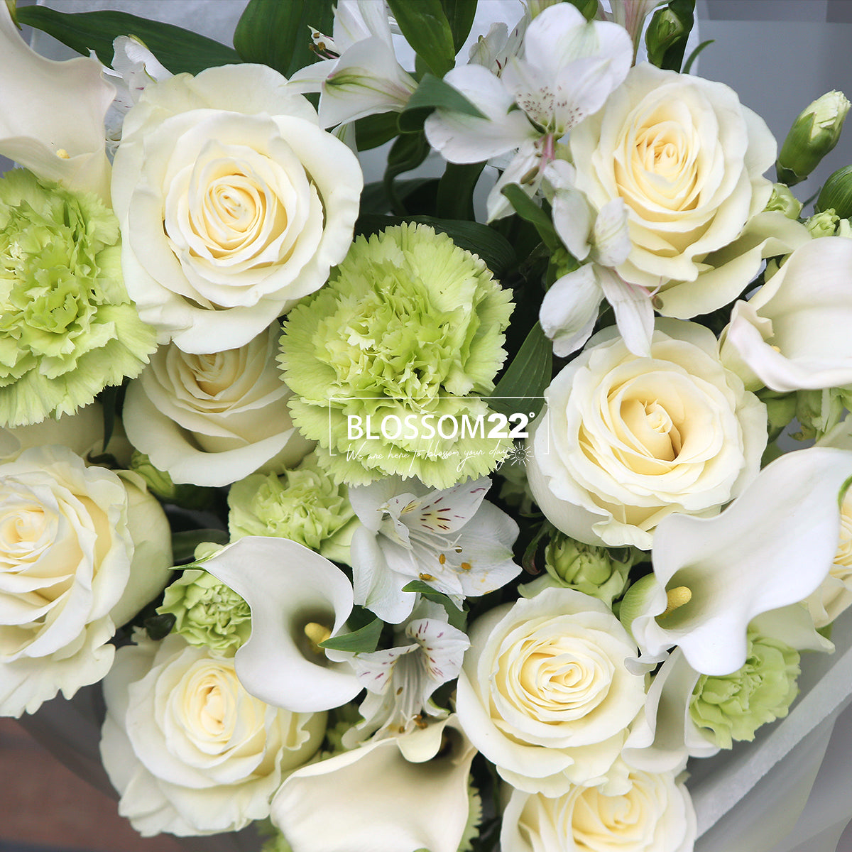 Mondial白玫瑰馬蹄蘭丁花秘魯百合花束｜ Mondial White Rose, Carnation,Peruvian & Calla Lily  Bouquet