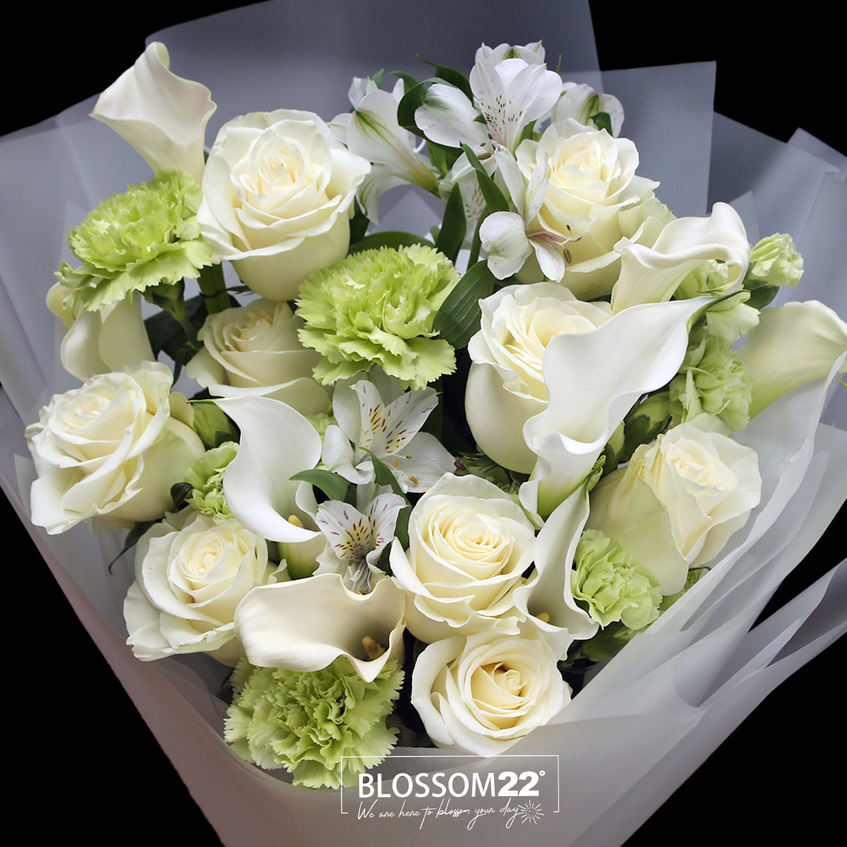 Mondial白玫瑰馬蹄蘭丁花秘魯百合花束｜ Mondial White Rose, Carnation,Peruvian & Calla Lily  Bouquet