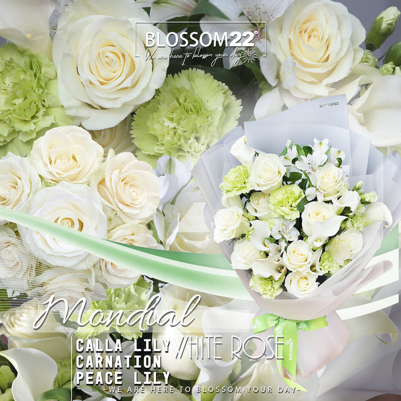 Mondial白玫瑰馬蹄蘭丁花秘魯百合花束｜ Mondial White Rose, Carnation,Peruvian & Calla Lily  Bouquet