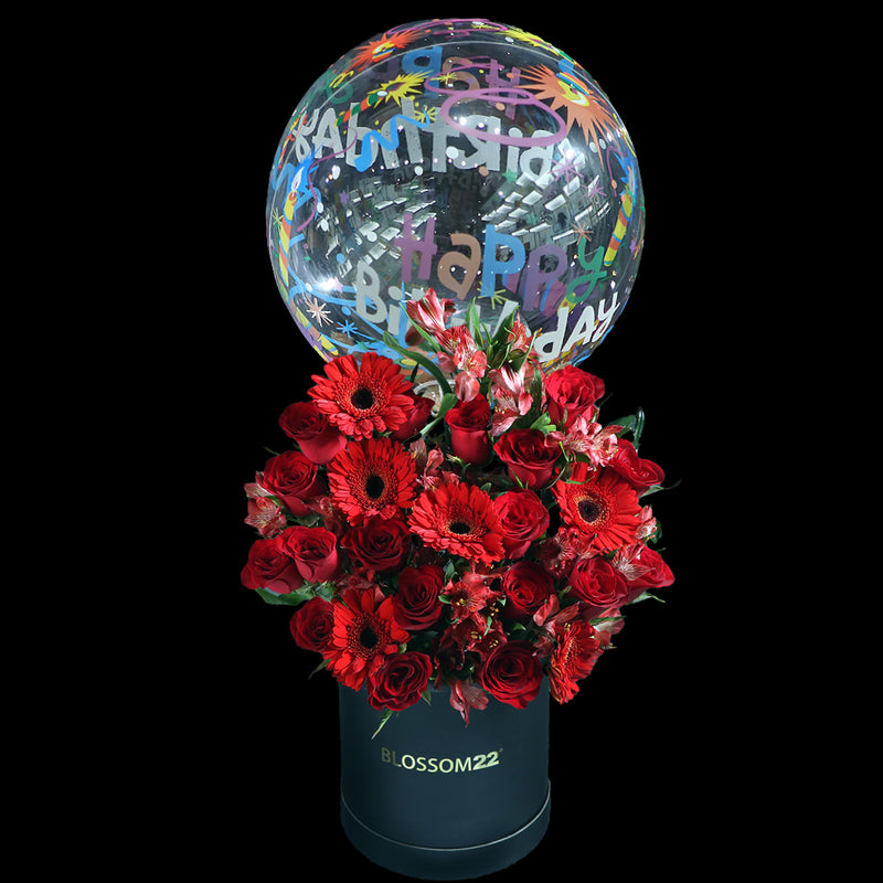 Red Rose Barberton Daisy Balloon Flower Bucket｜紅玫瑰非常菊汽球鮮花桶