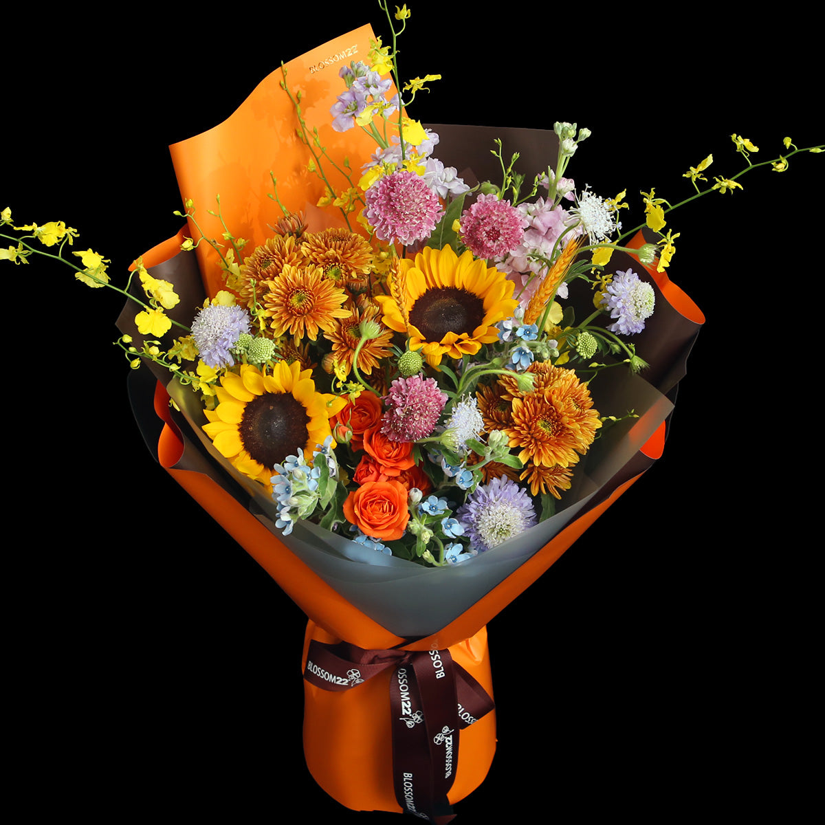 4 向日葵小太陽菊小玫瑰紫羅蘭花束｜4 Mixed Sunflower, ＆Spray Rose and Hoary Stock Bouquet (Blessing)