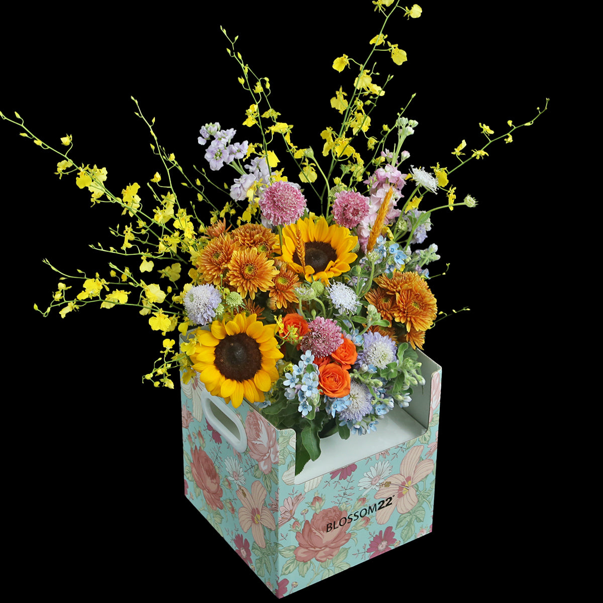 4 向日葵小太陽菊花束小太陽菊小玫瑰紫羅蘭花瓶禮盒｜4 Mixed Sunflower, ＆Spray Rose and Hoary Stock Vase Boxset (Blessing)