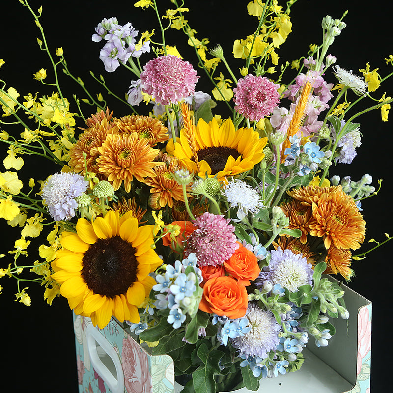 4 向日葵小太陽菊花束小太陽菊小玫瑰紫羅蘭花瓶禮盒｜4 Mixed Sunflower, ＆Spray Rose and Hoary Stock Vase Boxset (Blessing)