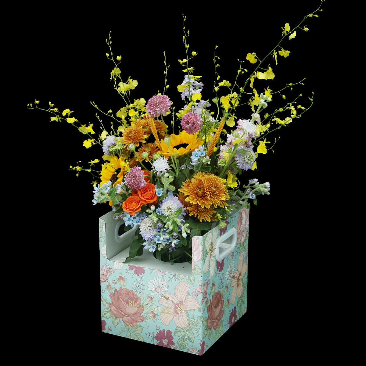 4 向日葵小太陽菊花束小太陽菊小玫瑰紫羅蘭花瓶禮盒｜4 Mixed Sunflower, ＆Spray Rose and Hoary Stock Vase Boxset (Blessing)