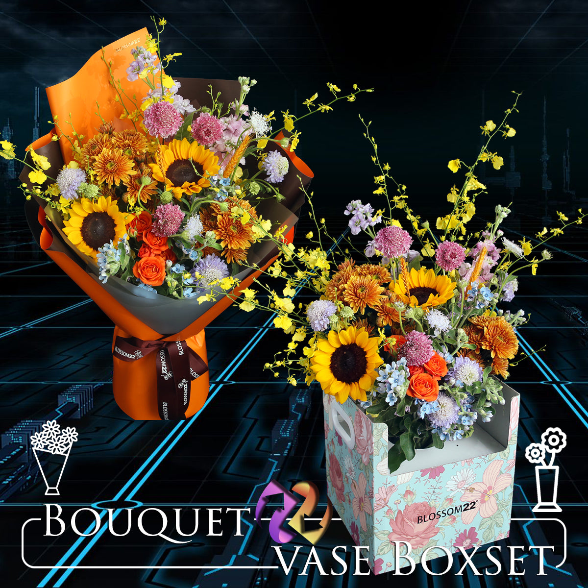 2 向日葵小太陽菊小玫瑰紫羅蘭花瓶禮盒｜2 Sunflower, Spray Rose and Hoary Stock Vase Boxset (Blessing)