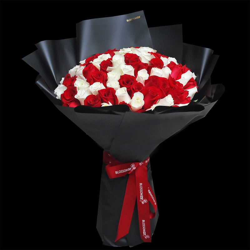 99枝 紅白玫瑰雙色混合花束｜99 Red & White Random Mix Roses Bouquet (Signature Style)｜情人節花 fresh bouquet 鮮花束 Blossom22°