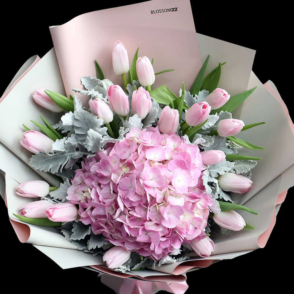 19枝 淺粉紅鬱金香及繡球花束｜19 light Pink Tulips & Hydrangea Bouquet 花束 bouquet 鮮花束 BLOSSOM22