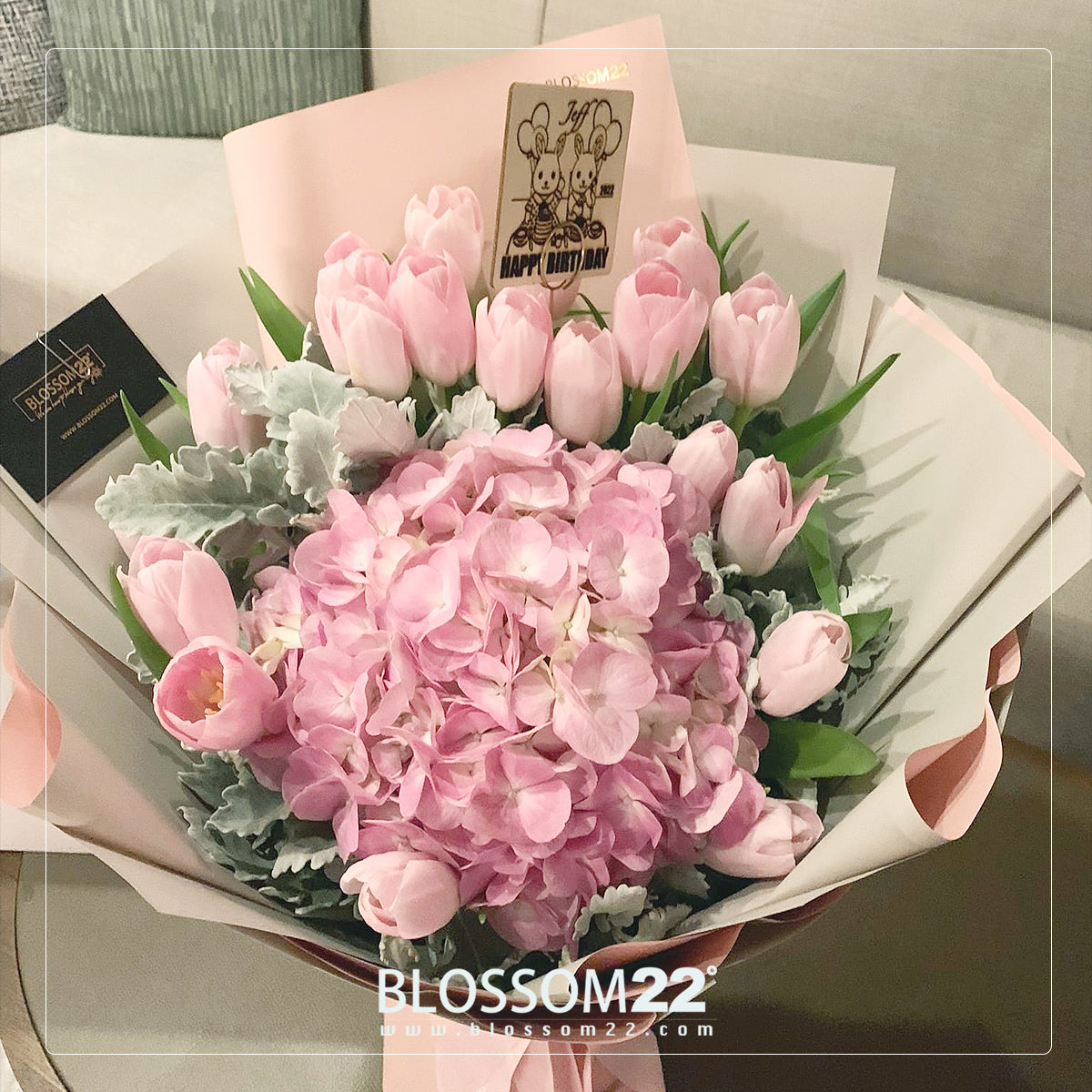 19枝 淺粉紅鬱金香及繡球花束｜19 light Pink Tulips & Hydrangea Bouquet 花束 bouquet 鮮花束 BLOSSOM22