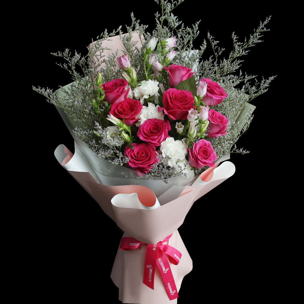 大頭桃紅玫瑰康乃馨風鈴花束｜Hot Pink Rose Eustoma Bell Flower Bouquet