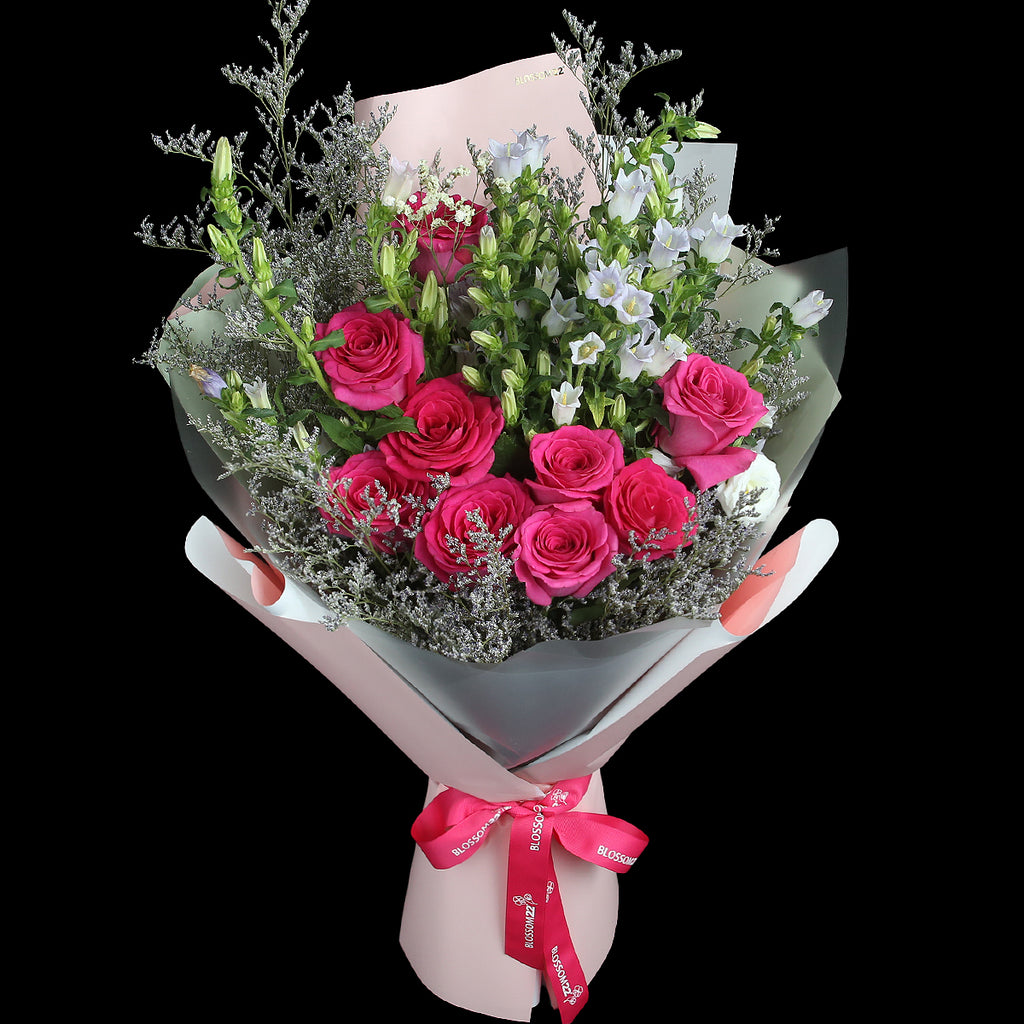大頭桃紅玫瑰風鈴花束｜Hot Pink Rose Bell Flower Bouquet