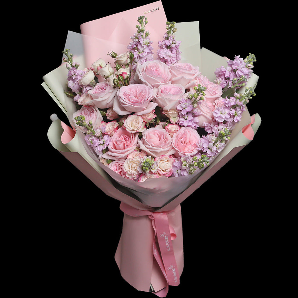 12淺粉庭園玫瑰紫羅蘭花束｜Pink Ohara Garden Roses Violet Bouquet （母親節花束)