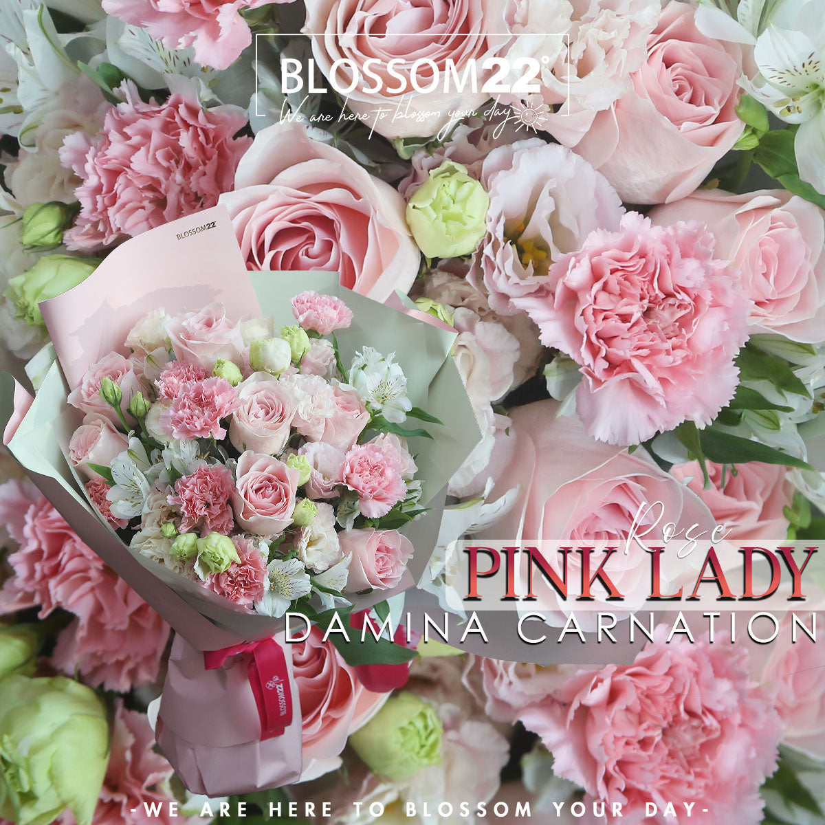 粉玫瑰康乃馨秘魯百合桔梗花束｜Pink Rose, Carnation Lily & Eustoma Bouquet (Pink Lady)