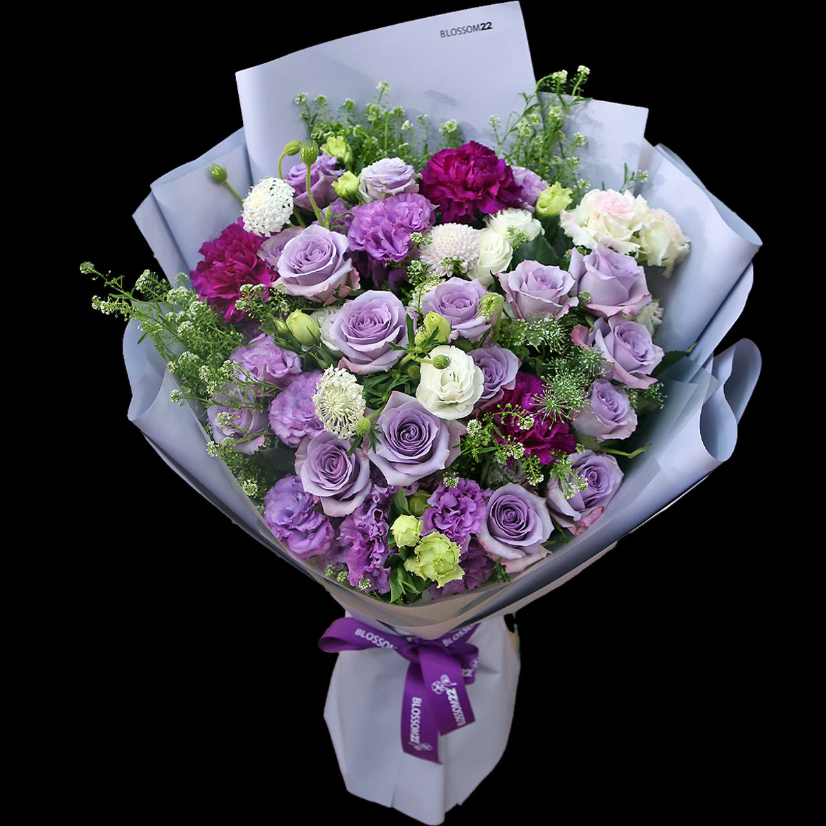 紫玫瑰桔梗大丁花束｜Purple Roses, Eustoma ＆ Carnation (Purple Forest)