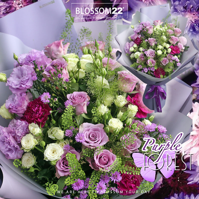 紫玫瑰桔梗大丁花束｜Purple Roses, Eustoma ＆ Carnation (Purple Forest)