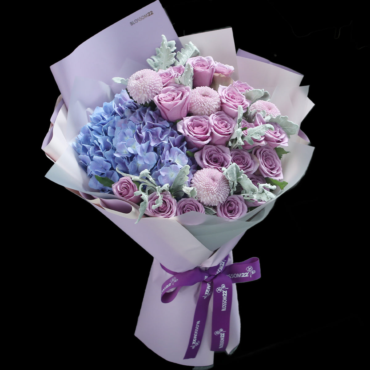 19枝 紫玫瑰及繡球花束｜19 Purple Roses ＆ Hydrangea Bouquet (Song of the Ocean)