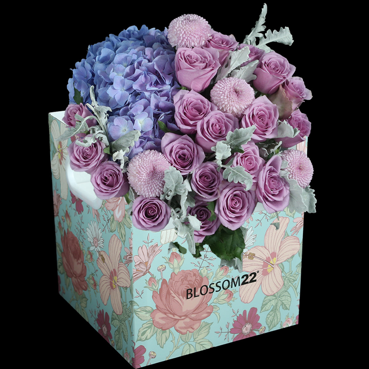 19枝 紫玫瑰及繡球花瓶禮盒｜19 Purple Roses ＆ Hydrangea Vase Boxset (Song of the Ocean)