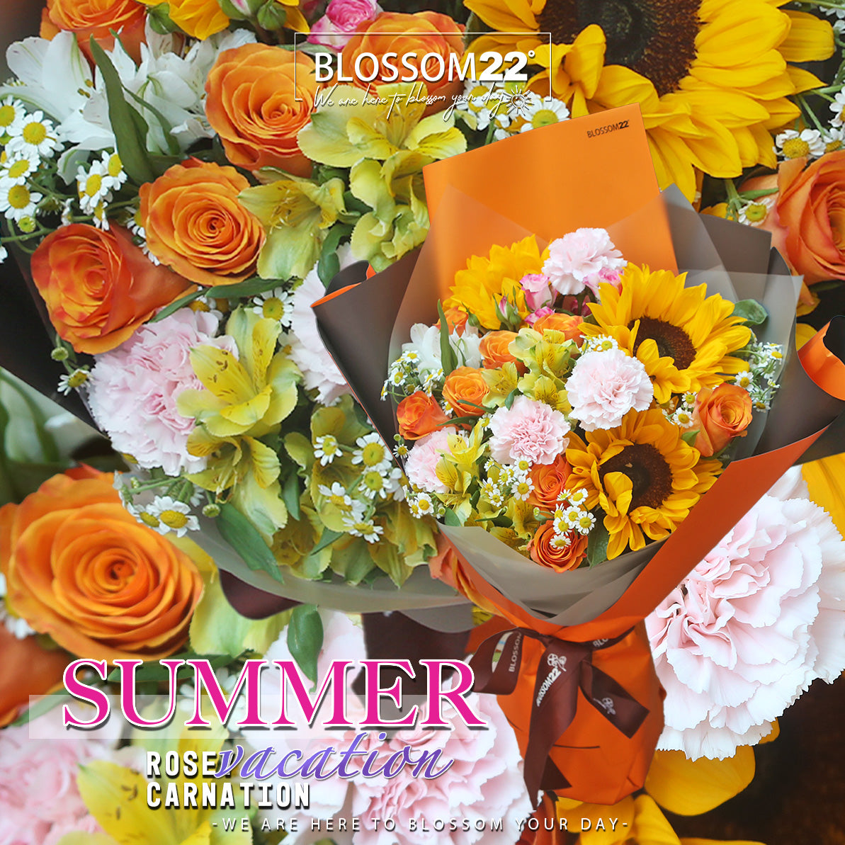 3 向日葵玫瑰大丁秘魯百合花束｜3 Sunflower, Rose, Carnation and Lily Bouquet (Summer Vacation)