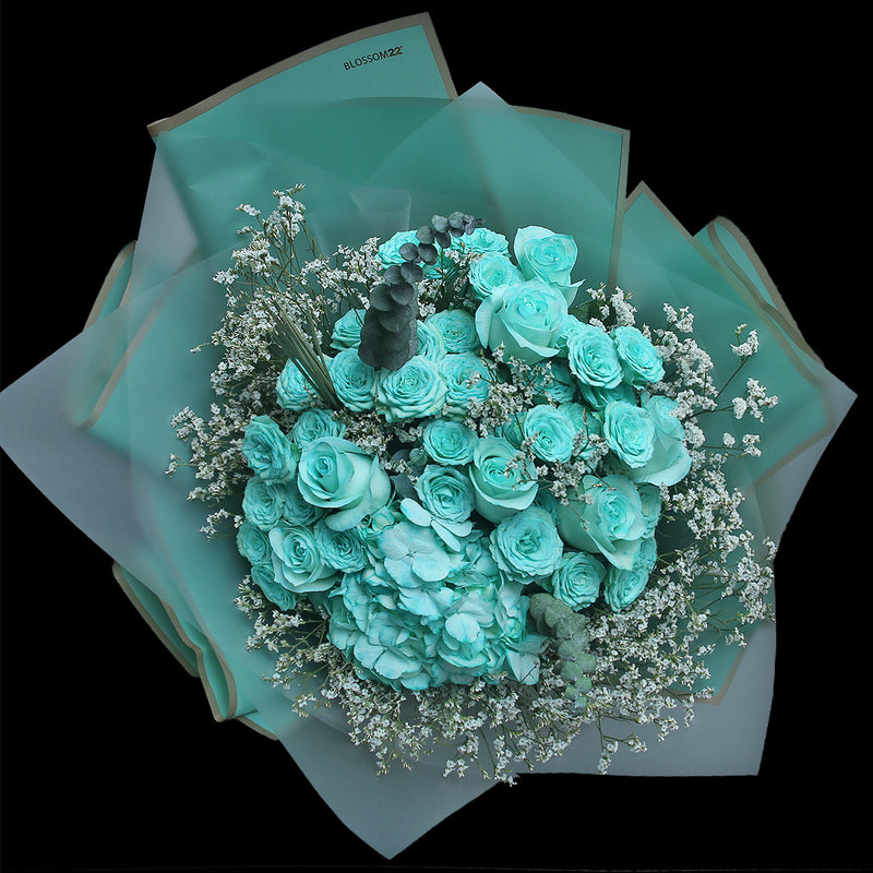 蒂芬妮大小玫瑰繡球花束 ｜Tiffany Blue Mixed Roses & Hydrangea Bouquet（T.B. Mix)