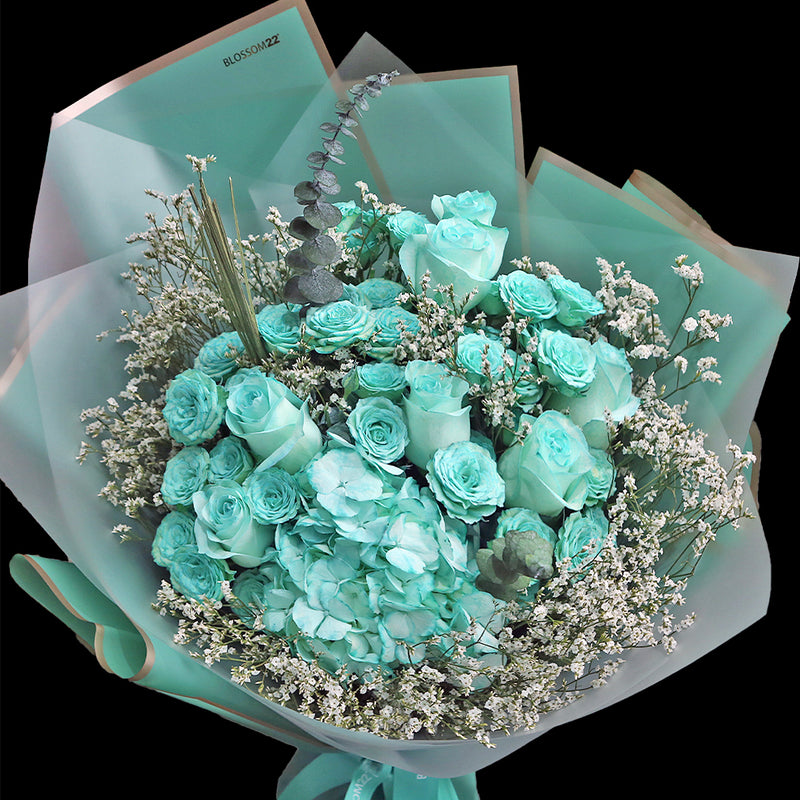 蒂芬妮大小玫瑰繡球花束 ｜Tiffany Blue Mixed Roses & Hydrangea Bouquet（T.B. Mix)