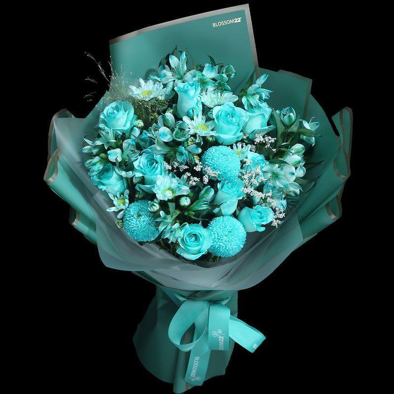 10 枝蒂芬妮藍玫瑰秘魯百合花瓶禮盒｜Tiffany Blue Dyeing Rose Peruvian Lily Pompon Mum Vase Boxset