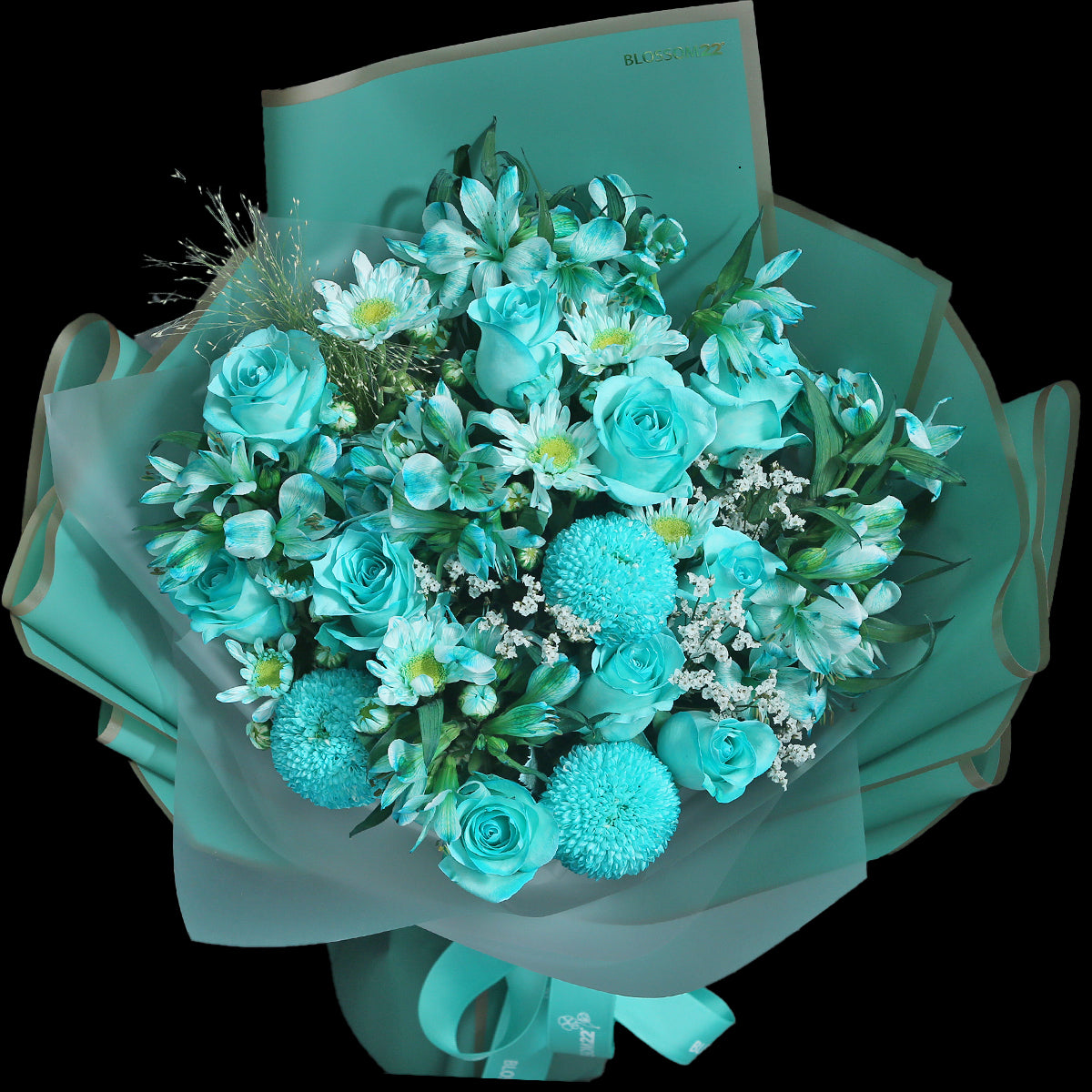 10 枝蒂芬妮藍玫瑰秘魯百合花瓶禮盒｜Tiffany Blue Dyeing Rose Peruvian Lily Pompon Mum Vase Boxset