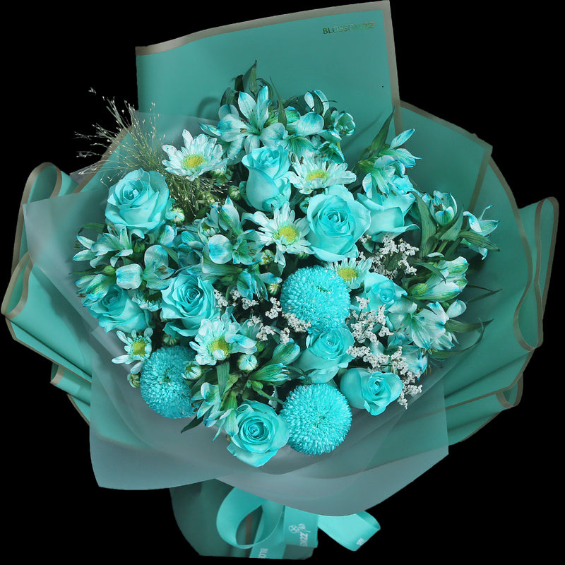 10 枝蒂芬妮藍玫瑰秘魯百合花束｜Tiffany Blue Dyeing Rose Peruvian Lily Pompon Mum bouquet