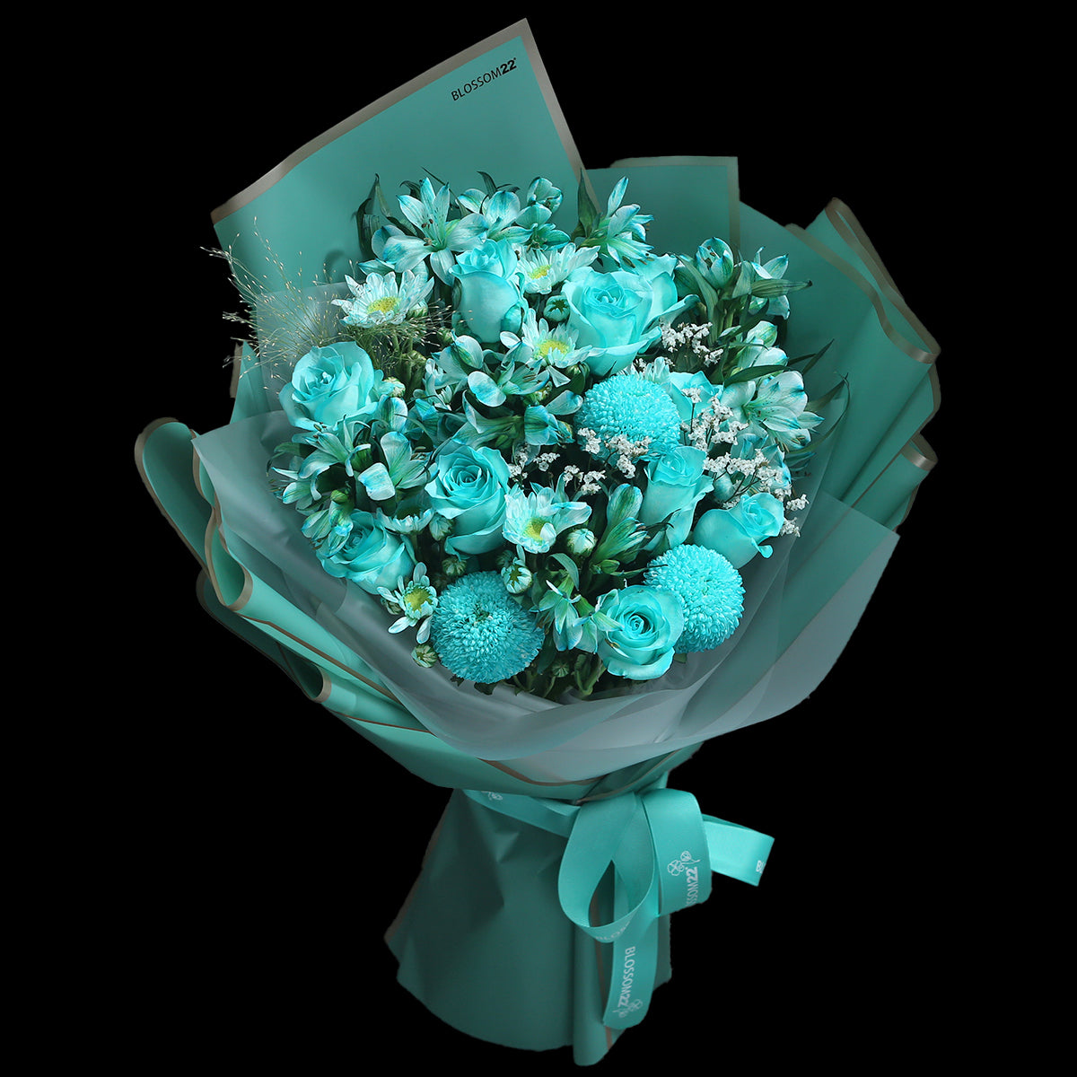 10 枝蒂芬妮藍玫瑰秘魯百合花束｜Tiffany Blue Dyeing Rose Peruvian Lily Pompon Mum bouquet