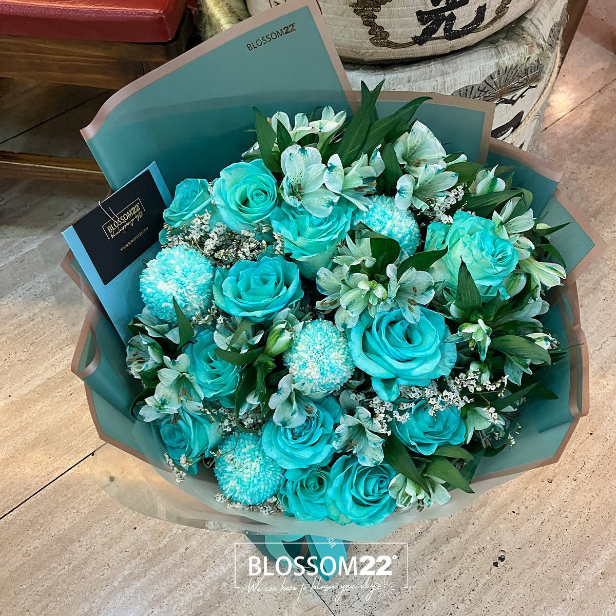 10 枝蒂芬妮藍玫瑰秘魯百合花束｜Tiffany Blue Dyeing Rose Peruvian Lily Pompon Mum bouquet