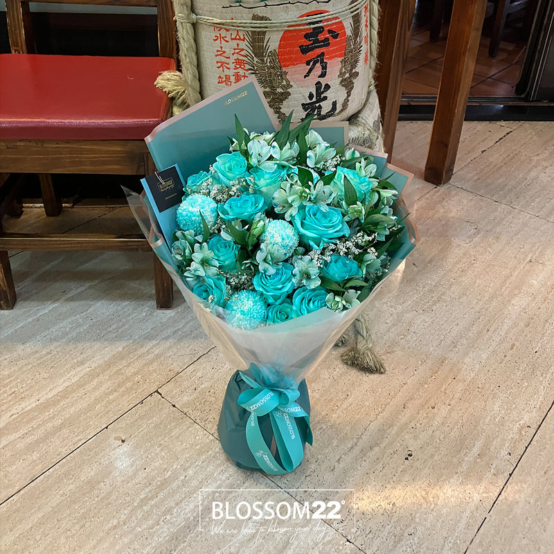10 枝蒂芬妮藍玫瑰秘魯百合花束｜Tiffany Blue Dyeing Rose Peruvian Lily Pompon Mum bouquet (情人節花束）