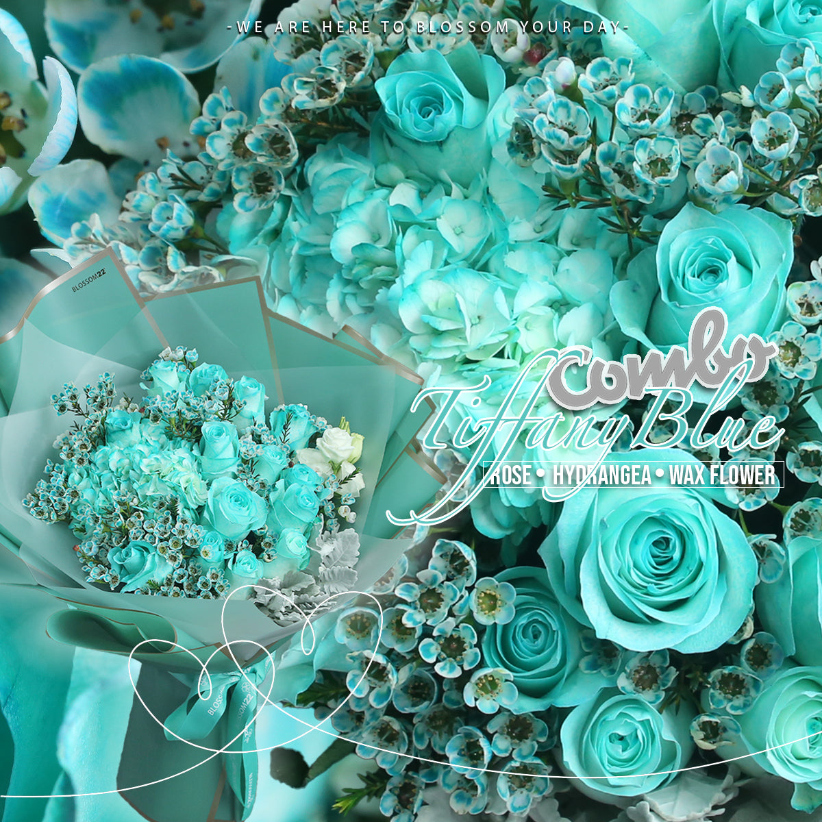 19枝 蒂芬妮玫瑰繡球蠟梅花束 ｜19 Tiffany Blue Rose Hydrangea Wax Flower bouquet (Tiffany Blue Combo)